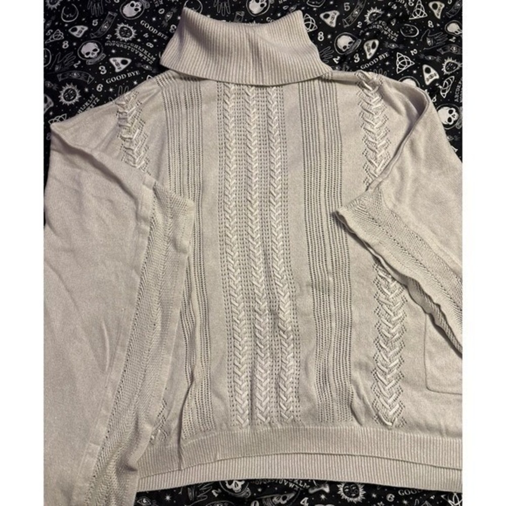 White House Black Market WHBM Metallic Ivory Cowl Neck Knit Poncho Sweater, S/M